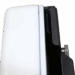 Close-up view of a black and white mounting bracket with locking mechanism on an equipment stand.