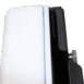Close-up view of a black and white mounting bracket with locking mechanism on an equipment stand.