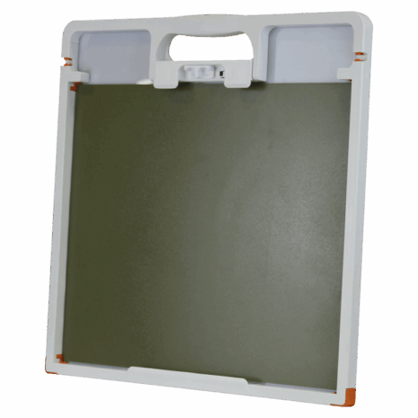 14-CC14_HERO_BACK Square flat panel with integrated handle and locking clip, framed in white with olive green center