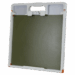 Square flat panel with integrated handle and locking clip, framed in white with olive green center
