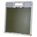 Square flat panel with integrated handle and locking clip, framed in white with olive green center