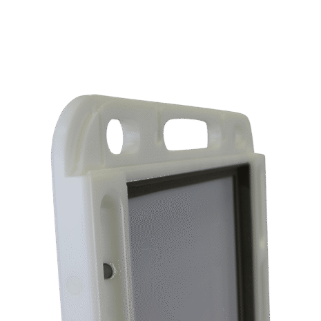 14-NDT4HFE_OPEN-DETAIL2 Close-up view of a white case showing side openings and a recessed compartment