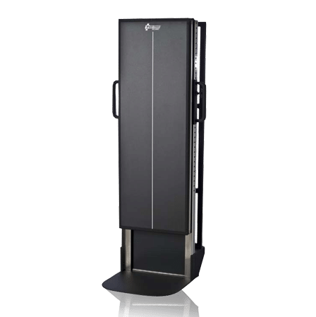 14x42-Mobile-Trans-Former-for-Konica-CR_1-1 Front view of a vertical X-ray cassette holder with protective cover and side handles
