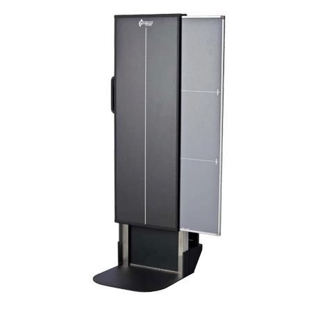 14x42-Mobile-Trans-Former-for-Konica-CR_2 Angled view of a mobile X-ray cassette holder with black front panel and metal base support