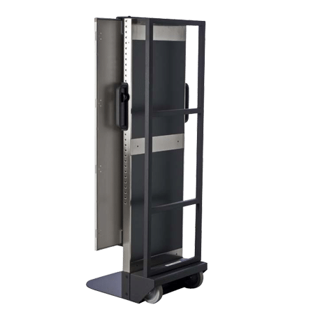 14x42-Mobile-Trans-Former-for-Konica-CR_4-1 Side view of a mobile X-ray cassette holder with metal frame and wheels.