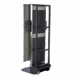 Mobile X-ray cassette holder with metal frame, wheels, and black front panel