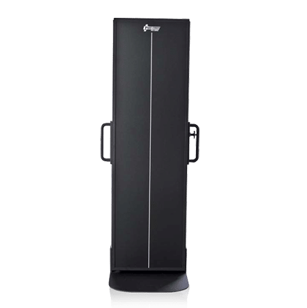 14x51-Mobile-Trans-Former-for-Konica-CR_1-1 Front view of a vertical X-ray cassette holder with protective cover and side handles