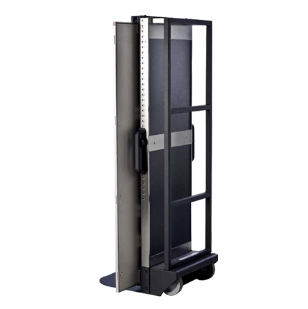 14x51-Mobile-Trans-Former-for-Konica-CR_5 Mobile X-ray cassette holder with metal frame, wheels, and side handle, shown at an angle