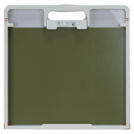 15-CC14_BACK Square flat panel with integrated handle and locking clip, framed in white with olive green center