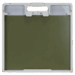 Square flat panel with integrated handle and locking clip, framed in white with olive green center