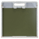 Square flat panel with integrated handle and locking clip, framed in white with olive green center