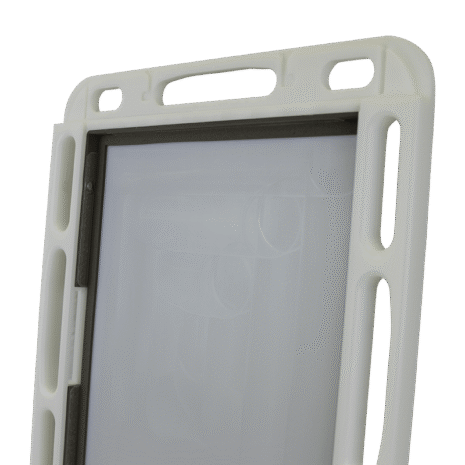 15-NDT4HFE_OPEN-DETAIL3 Close-up view of a white case showing side openings and a recessed compartment