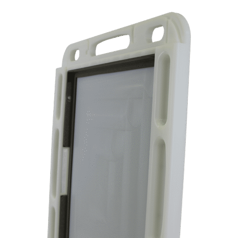 17-NDT4HFE_OPEN-DETAIL5 Close-up view of a white case showing side openings and a recessed compartment