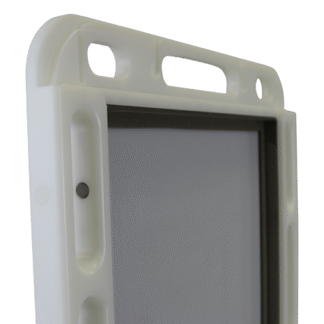 18-NDT4HFE_OPEN_DETAIL Close-up view of a white case showing side openings and a recessed compartment