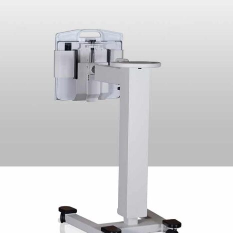 2 Mobile equipment stand with vertical column, wheeled base, and mounted medical device with protective cover