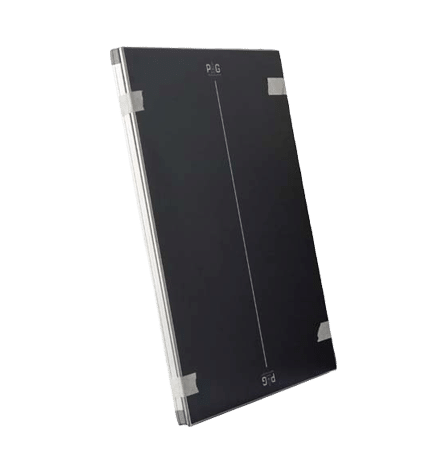 2-2 Thin black rectangular panel with a vertical center line and corner markers labeled “PAG,” secured by silver clips on the edges.