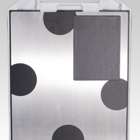 2 Rectangular metallic panel with a white handle and several black circular and rectangular pads attached.