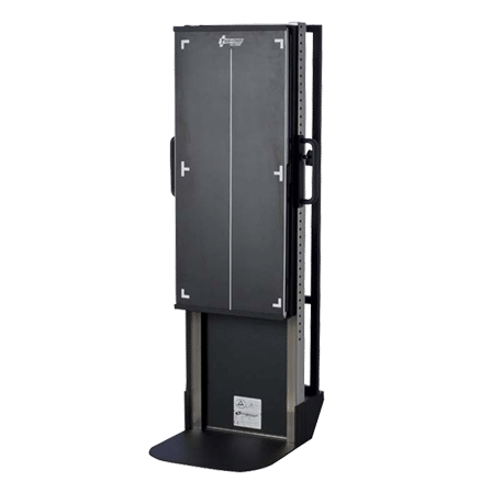 2-3 Side view of a vertical X-ray film holder with adjustable height scale, metal frame, and foot platform for upright radiographic positioning