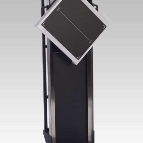 2-4 Wall-mounted transformer cabinet with square front panel rotated diagonally on a black metal frame.