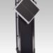 Wall-mounted transformer cabinet with square front panel rotated diagonally on a black metal frame.