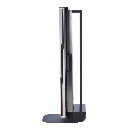 2-4 Side view of a mobile X-ray cassette holder with metal frame and base support