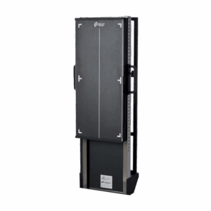 Black wall-mounted transformer cabinet with alignment markers, side handles, and metal base
