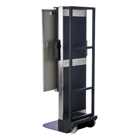2-6-1 Rear angled view of a mobile X-ray cassette holder with open side panel and wheels