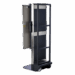 Angled view of a mobile X-ray cassette holder with black panel, metal frame, and wheels.