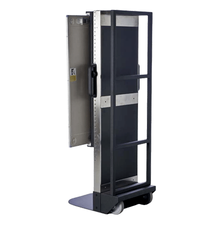 2-6 Angled view of a mobile X-ray cassette holder with black panel, metal frame, and wheels.
