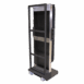 Rear view of a mobile X-ray cassette holder with metal frame and wheels