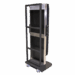 Rear view of a vertical X-ray cassette holder with metal frame and wheels.