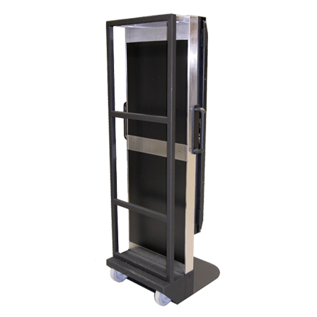 2-7 Rear view of a vertical X-ray cassette holder with metal frame and wheels.