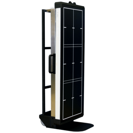 2-Hero-Portrait-with-grid-1 Angled view of a tall cart with a vertical panel featuring a grid pattern