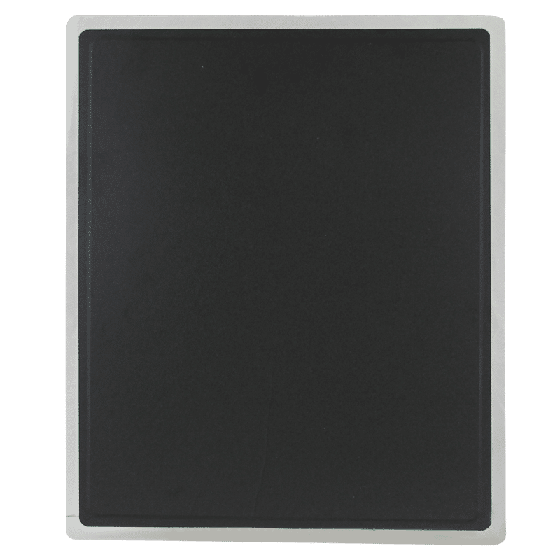 Front view of a black flat panel detector inside a white holder