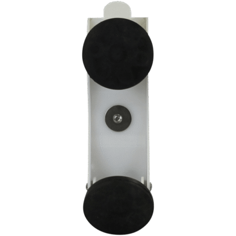 2-NDT4HFEMMK_2756 White holder with two large black circular pads and a central screw, viewed from the front.