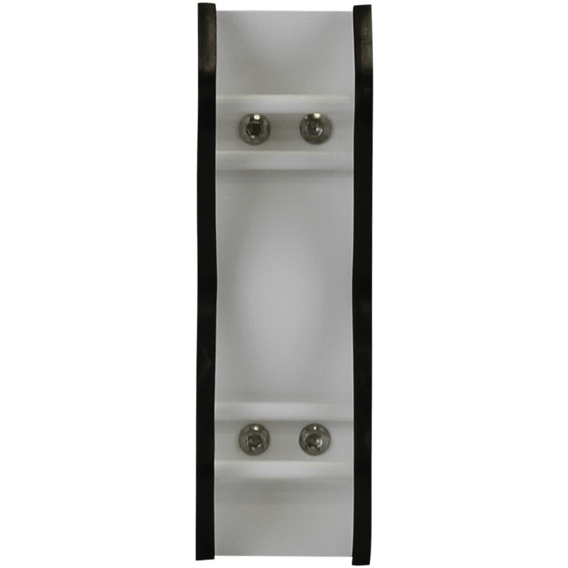 White holder with two curved black edges and four visible screws arranged in pairs.