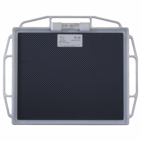 2-P3H14_BACK Carbon fiber X-ray grid in a white protective frame with multiple handles and a PAG label on the back
