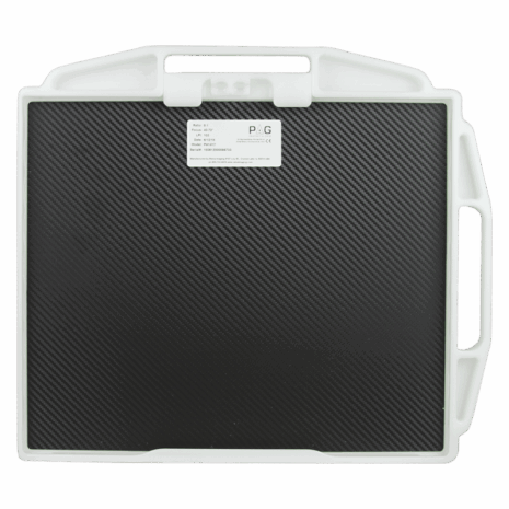 2-PB2H14_BACK_LANDSCAPE Back view of a carbon fiber X-ray grid in a white protective frame with two handles and a PAG label.