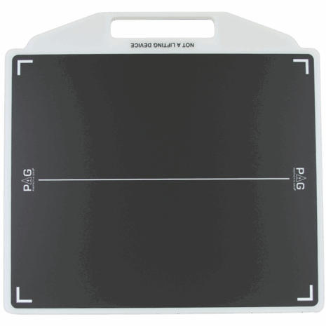 2-PBDR14-TUBE Radiographic grid with white frame and handle, positioned under an X-ray tube