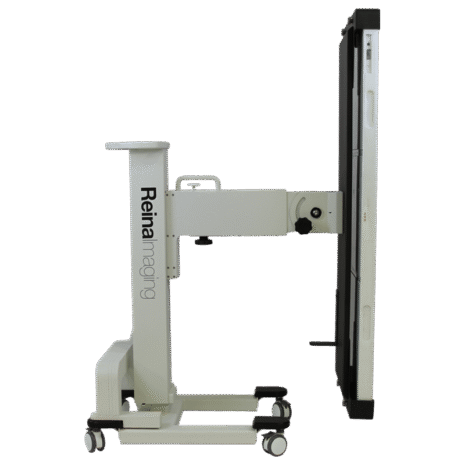 2-PROFILE-POSPGL Side view of a mobile X-ray panel holder with Reina Imaging branding, adjustable arm, and four caster wheels.
