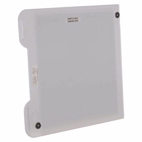 2-TE-Hero-back Transparent plastic panel labeled ‘Sample Only Damage Grid’ with rounded edges and two mounting holes