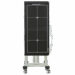 Front view of a mobile X-ray panel holder in its highest vertical position with alignment markers, Reina Imaging branding, and four caster wheels.