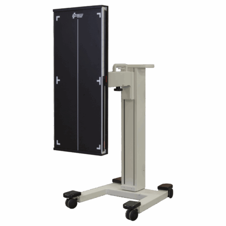 2-pospll-hero Side view of a mobile X-ray panel holder with vertical alignment markers and four caster wheels.