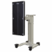 Side view of a mobile X-ray panel holder with vertical alignment markers and four caster wheels.