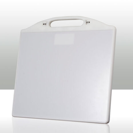 2_44 Front view of a white-framed panel with integrated handle and smooth gray surface.