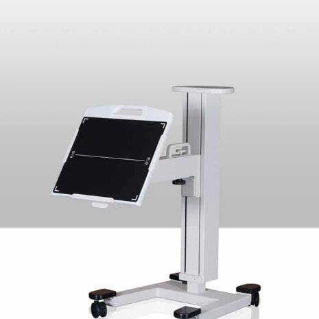 3 Mobile equipment stand with vertical column, wheeled base, and flat adjustable panel mounted at an angle