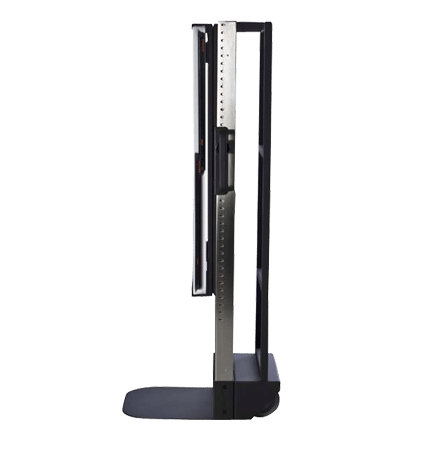 3-2 Side view of a vertical X-ray film holder with metal frame, adjustable height scale, and foot platform, designed for upright radiographic positioning.