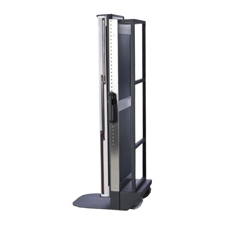 3-3-1 Side view of a mobile X-ray cassette holder with adjustable frame and wheels