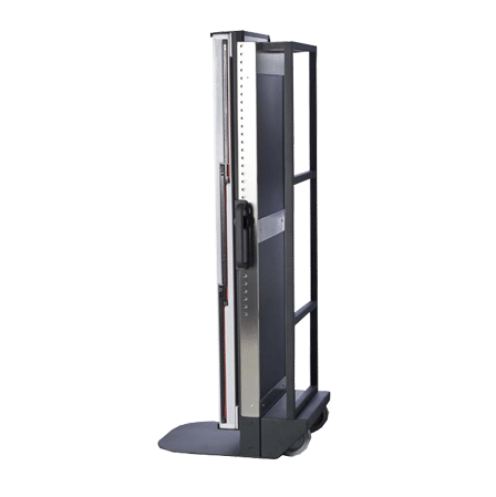 3-3 Mobile X-ray cassette holder with metal frame, wheels, and black front panel, shown at an angle