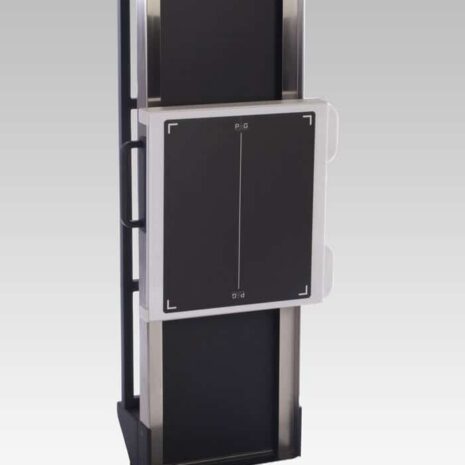3-4 Wall-mounted transformer cabinet with square front panel in vertical position on a black metal frame
